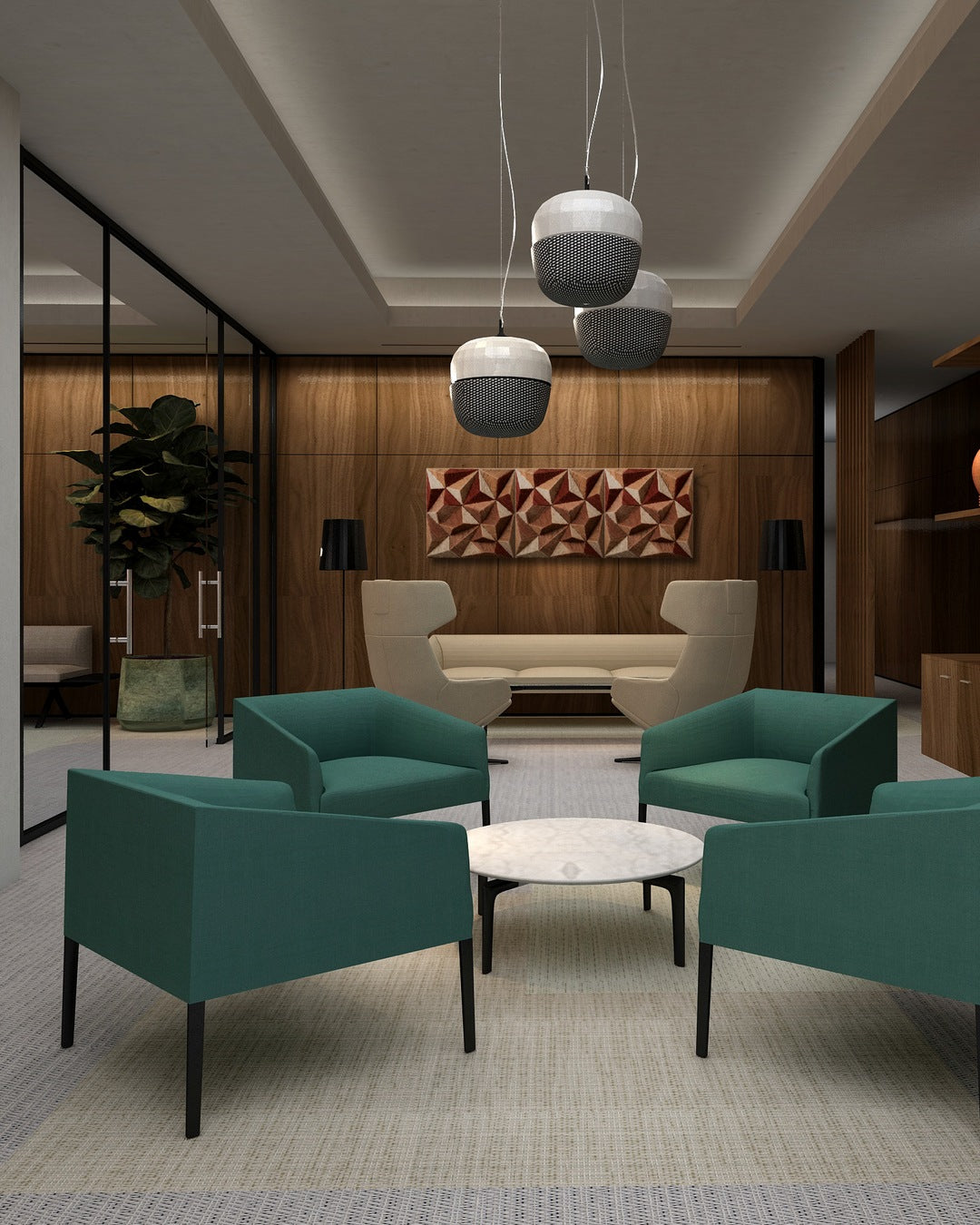 Render de la recepción y el lounge de una oficina corporativa equipada por Grassi